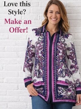 Chico’s Paisley Print Button Up Blouse Size 1 (M) Pink Purple Stretch Career Top